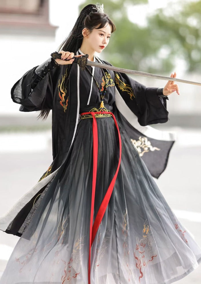 Flame Bird | Unisex 5-Pieces Hanfu Set () S / Black / 5-Pieces Set