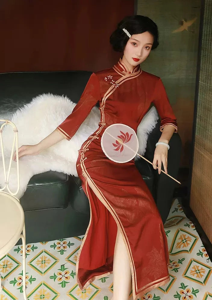 red qipao dress Wine Red Lace Long Qipao / Cheongsam Wedding Dress