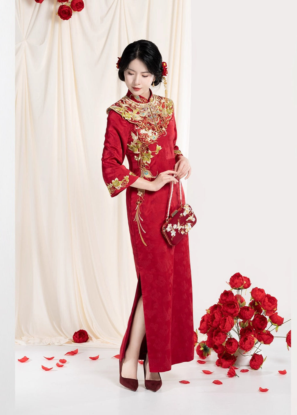 Joyful Union | Modern 2-Piece Wedding Qipao (佳偶之喜) M / Red / Dress + Cloud Collar