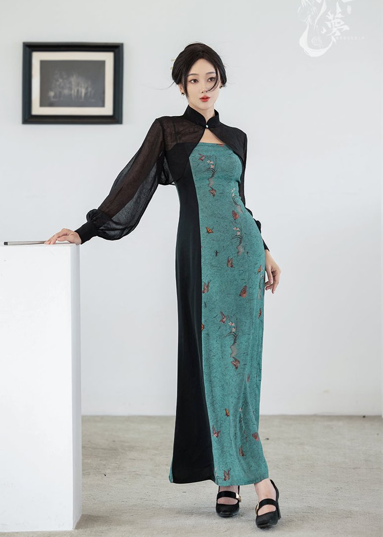 Azure Smoke | Modern 2-Pieces Qipao Dress (青烟) M / Green / Top + Dress