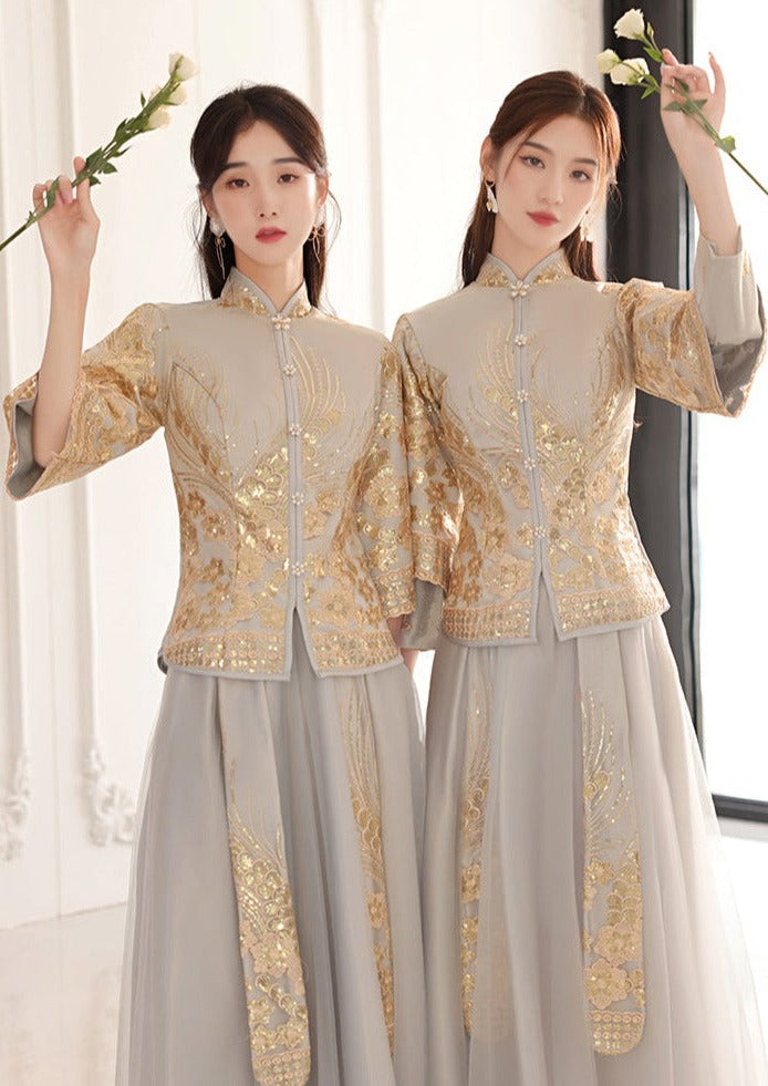 Bridesmaids Gray Chinese Style Dress (BM02) M / Long / Gold Bridesmaids Gray Chinese Style Dress (BM02) M / Long / Gold