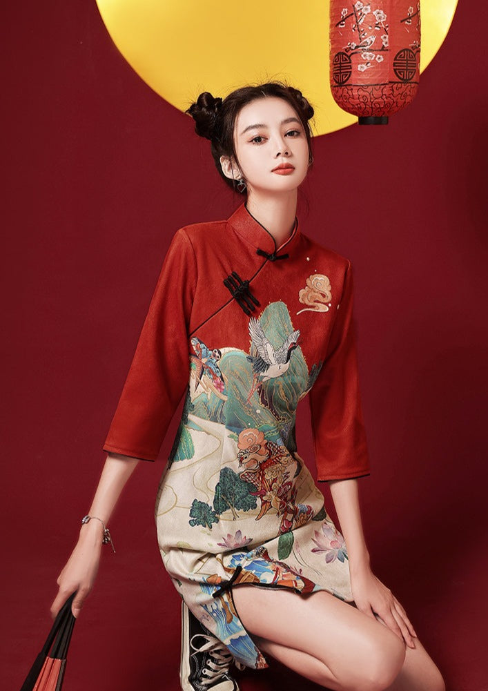 Lotus Crane | Winter Qipao Dress () XL / Red Lotus Crane | Winter Qipao Dress () XL / Red