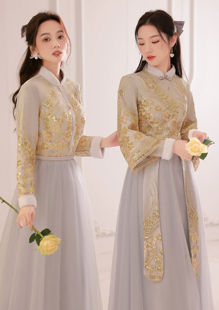 Bridesmaids Gray Chinese Style Dress (BM07) S / Two Layers / Gray Bridesmaids Gray Chinese Style Dress (BM07) S / Two Layers / Gray