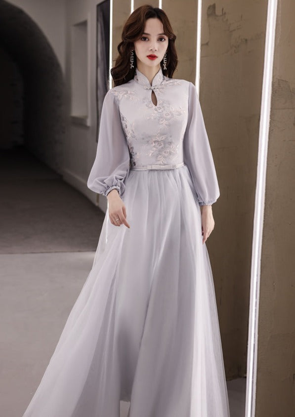 Bridesmaids Gray Chinese Style Dress (BM10) Custom Size / Winter Fur Sleeves / Gray