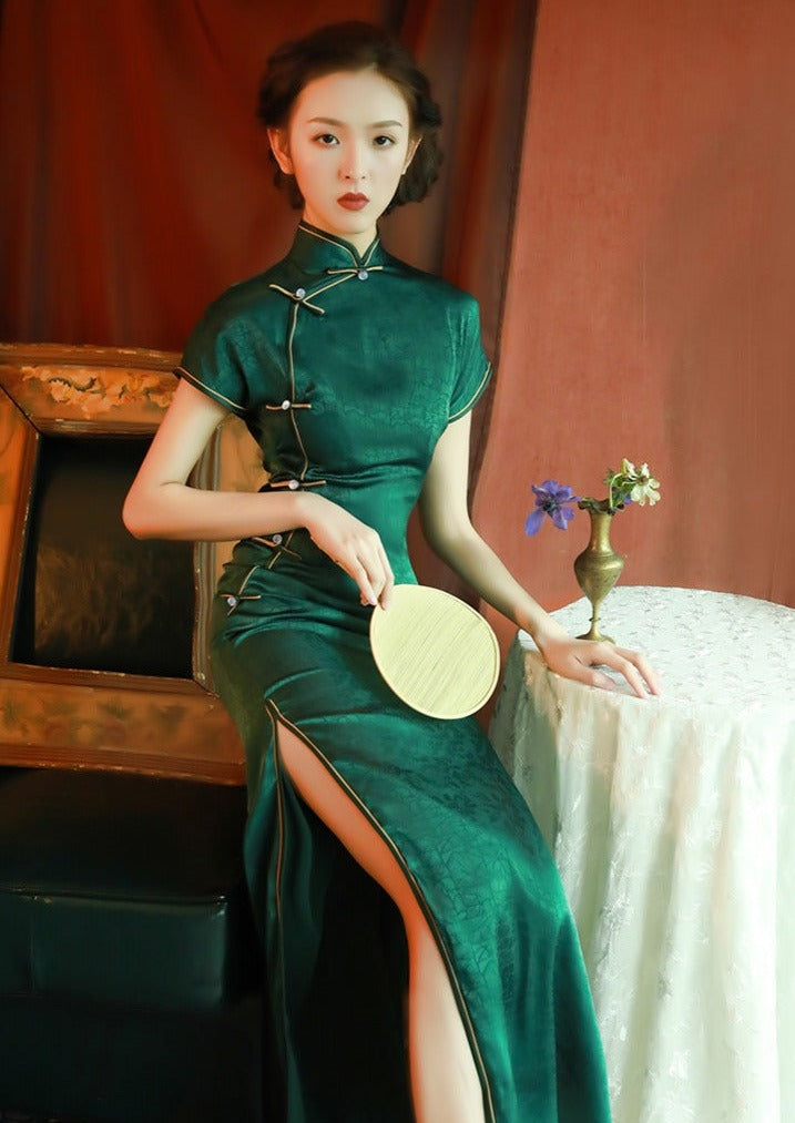 2026 Summer Green Jacquard Cheongsam Qi Pao Dress