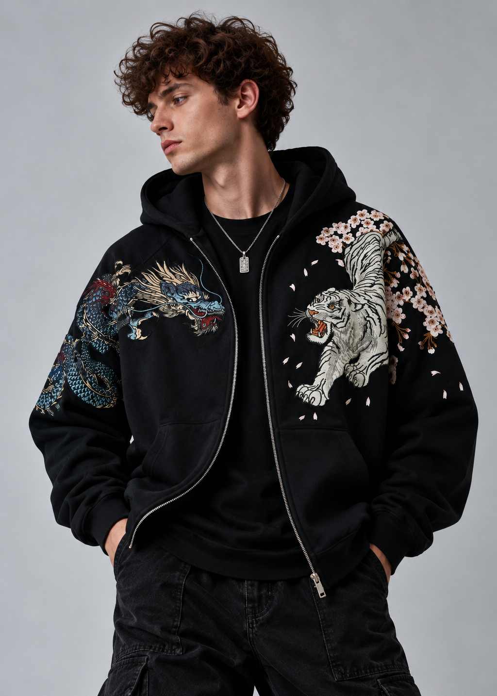 Snow Tiger | Embroidered Unisex Kimono Zip-Up Hoodie (青龙白虎)