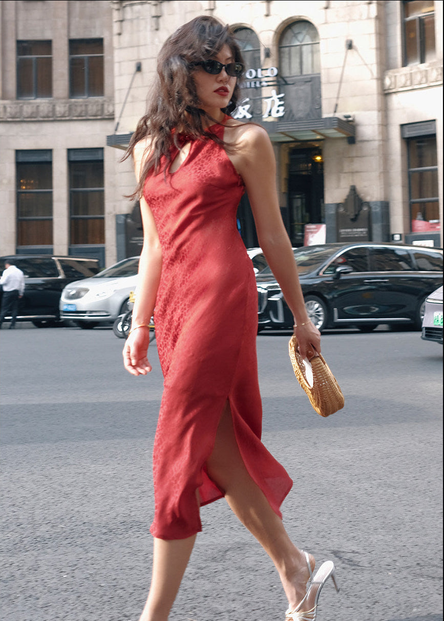 Crimson Flame | Leopard Midi Modern Qipao Dress (赤焰)