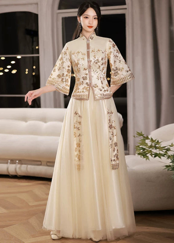 Bridesmaids Gold Champagne Chinese Style Dress (BM012) XL / Half Sleeves / Gold