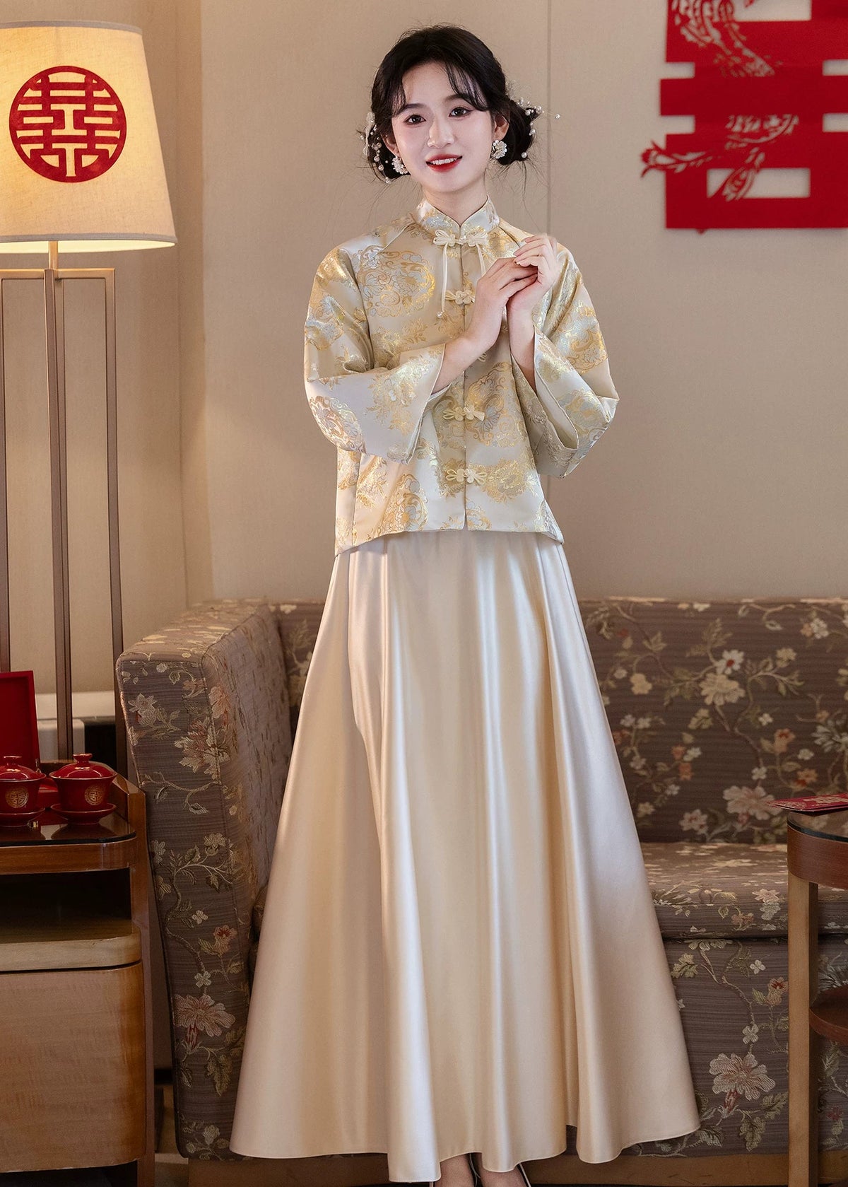 Bridesmaids Gold Champagne Chinese Style Dress (BM013)