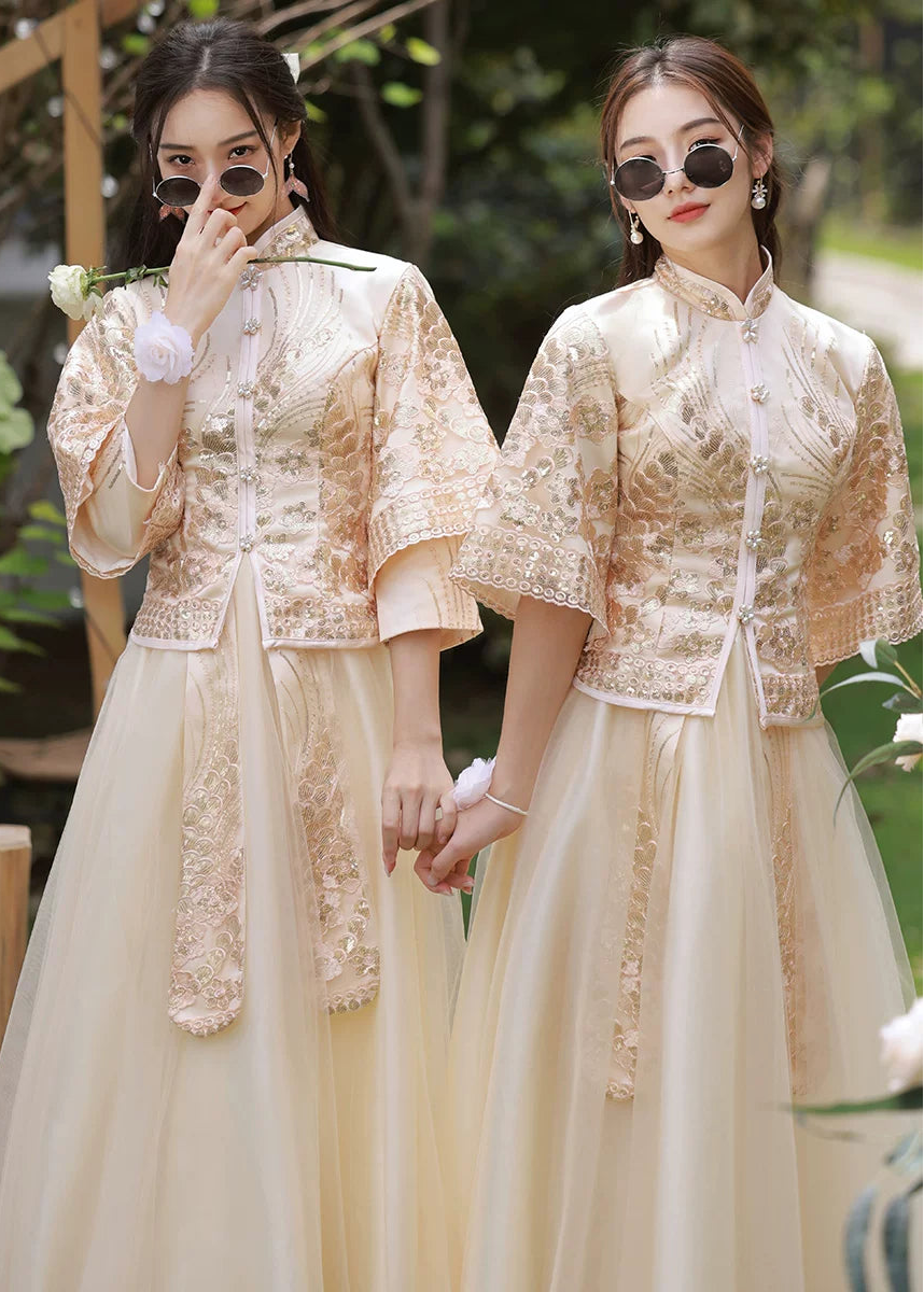 Bridesmaids Gold Champagne Chinese Style Dress (BM014)