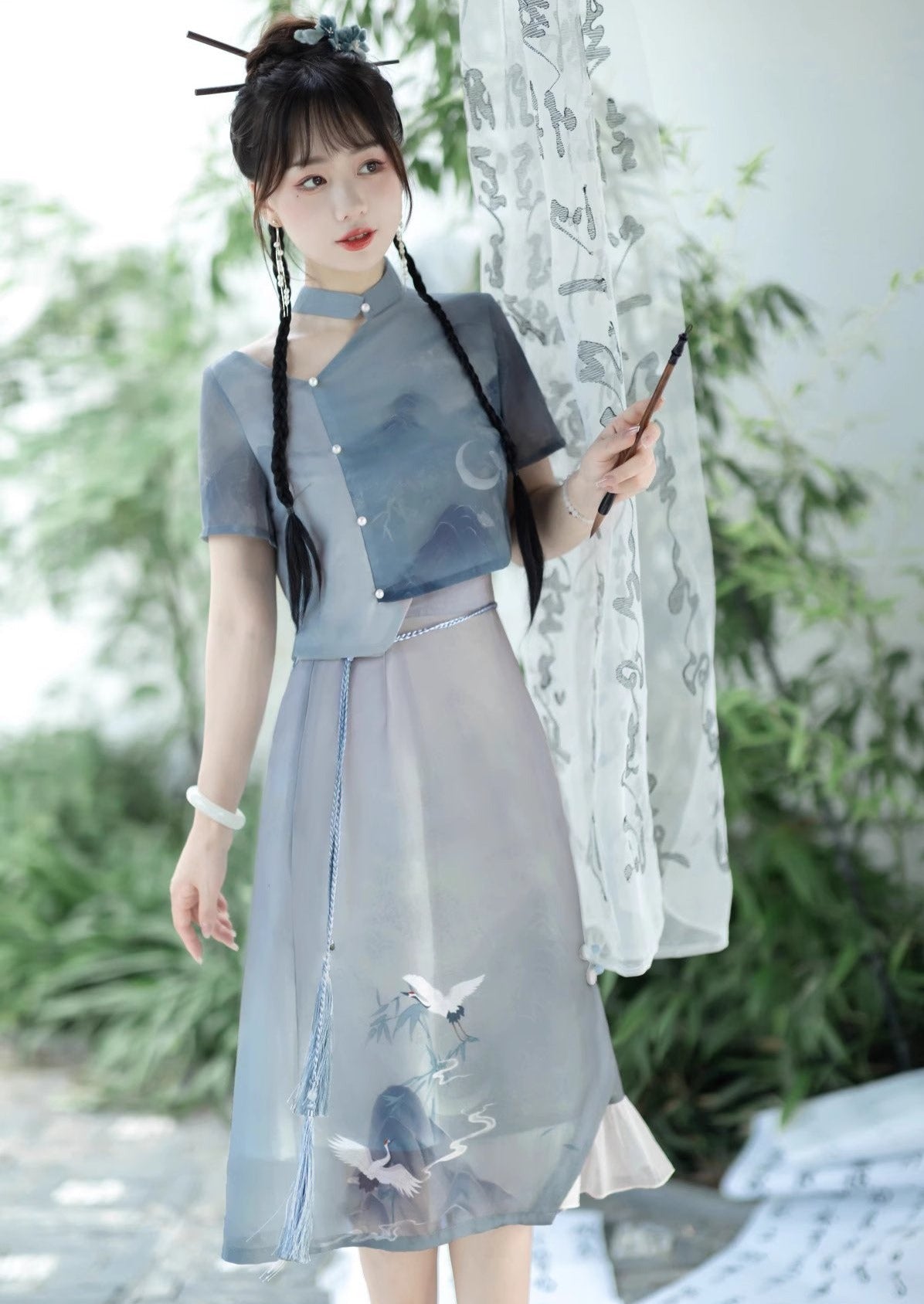 Crane | Modern Chinese Style Dress () M / Gray Crane | Modern Chinese Style Dress () M / Gray