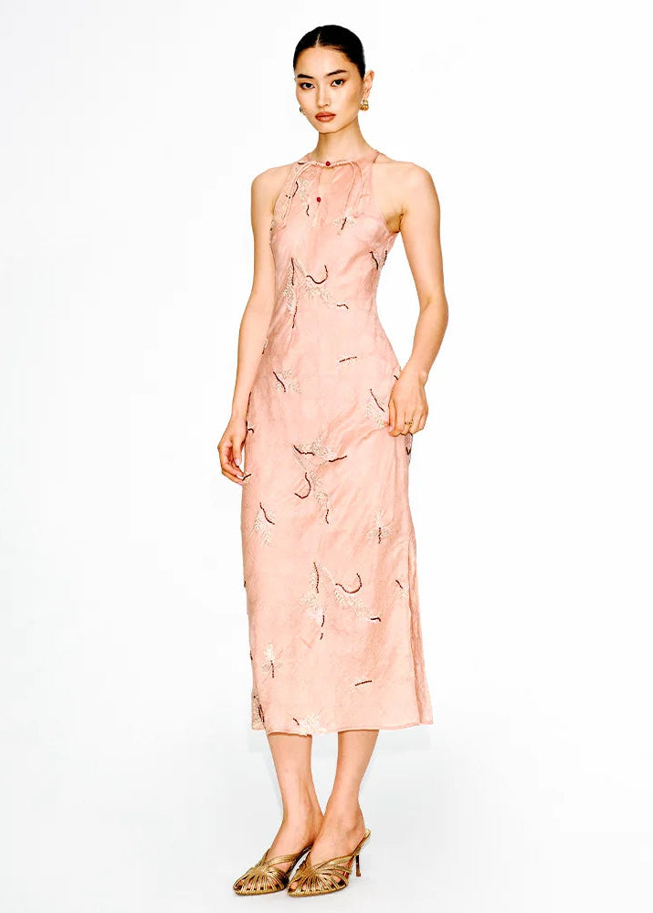 Yanzhi Peach | Embroidered Midi Modern Qipao Dress (胭脂蜜桃)