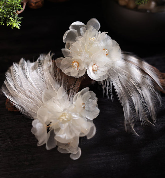 Pluma | Horquilla con plumas florales de 3 colores (翎羽)