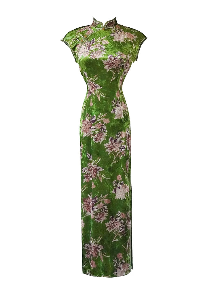 Emerald Blossom | Vintage Velvet Qipao (翠影繁花)