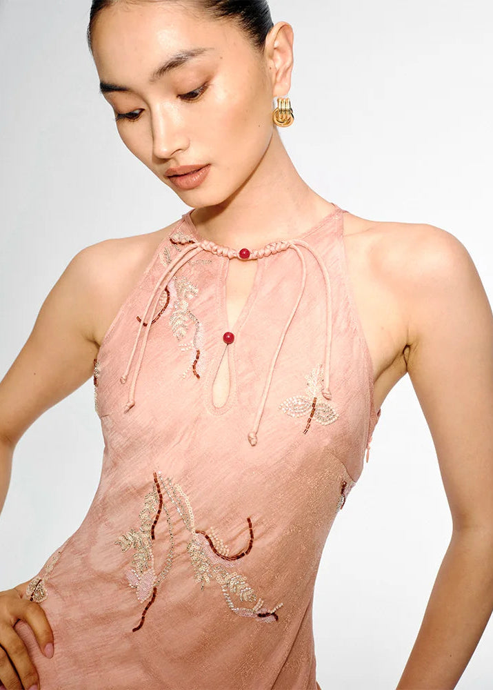 Yanzhi Peach | Embroidered Midi Modern Qipao Dress (胭脂蜜桃)