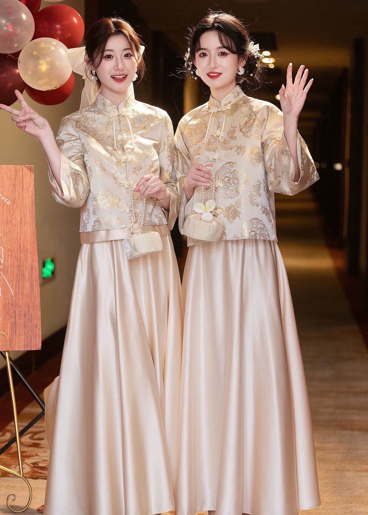 Bridesmaids Gold Champagne Chinese Style Dress (BM013)