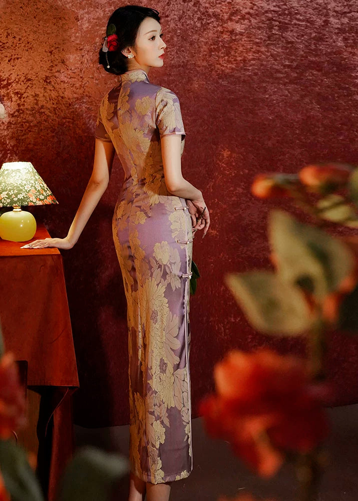 Purple Peony | Printed Satin Qipao (紫牡丹)