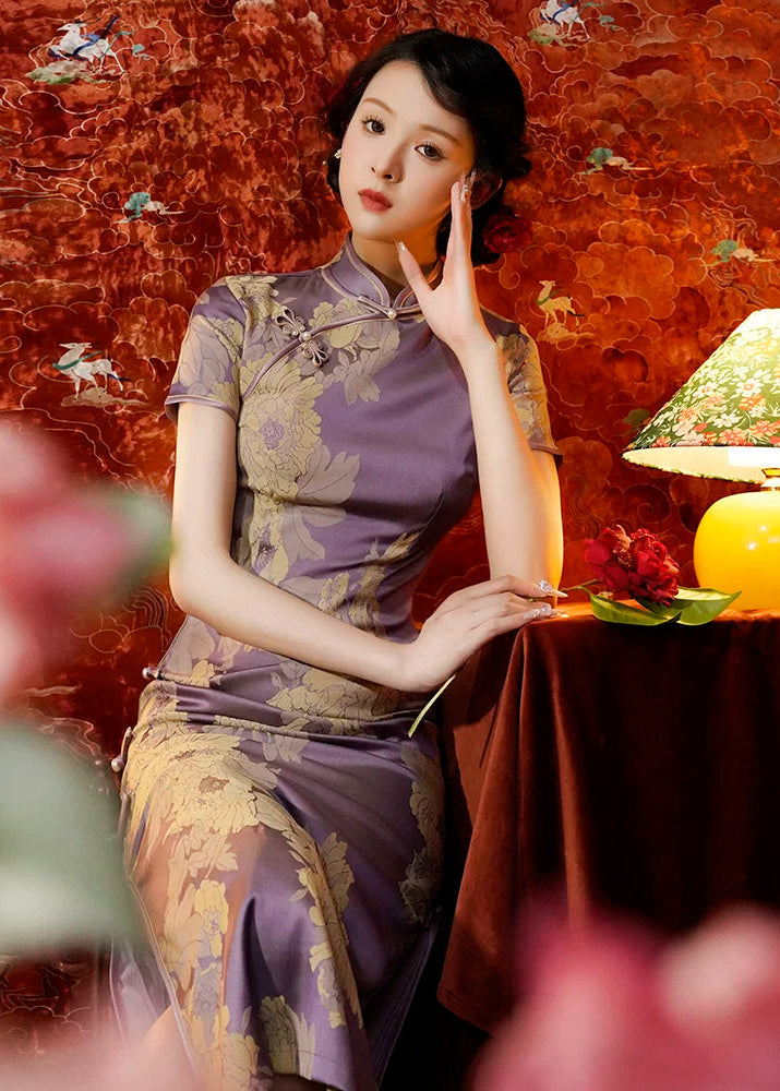 Purple Peony | Printed Satin Qipao (紫牡丹)