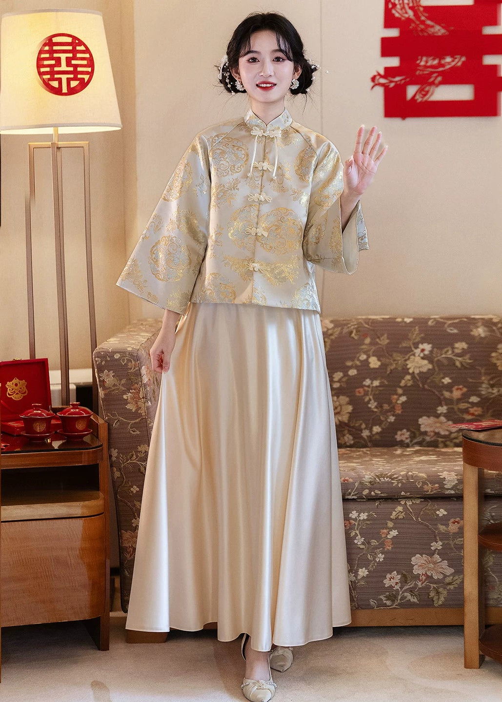 Bridesmaids Gold Champagne Chinese Style Dress (BM013)