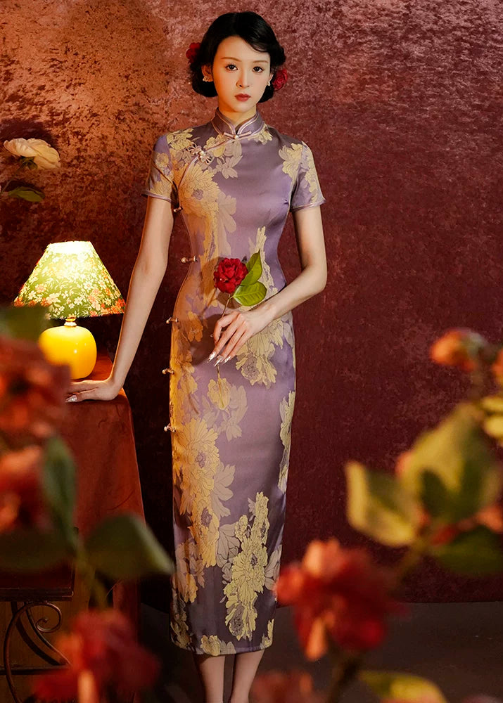 Purple Peony | Printed Satin Qipao (紫牡丹)