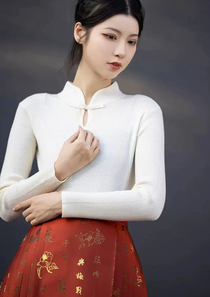 Jade | 9-Colors Mandarin Collar Ribbed Knit Top (落玉盘)
