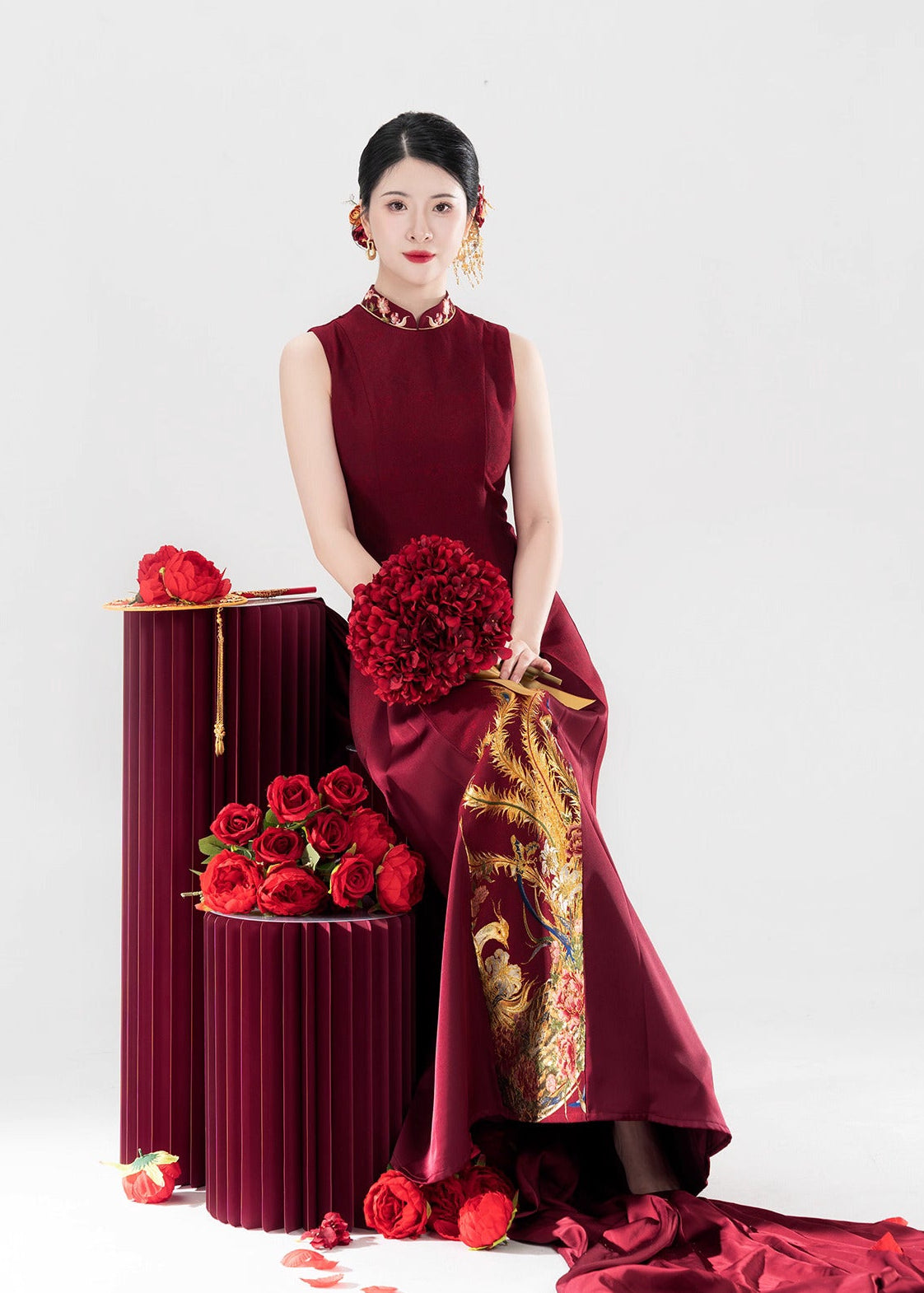 Red Phoenix | Modern 3-Piece Engagement Wedding Dress () M / Red / Sash Red Phoenix | Modern 3-Piece Engagement Wedding Dress () M / Red / Sash