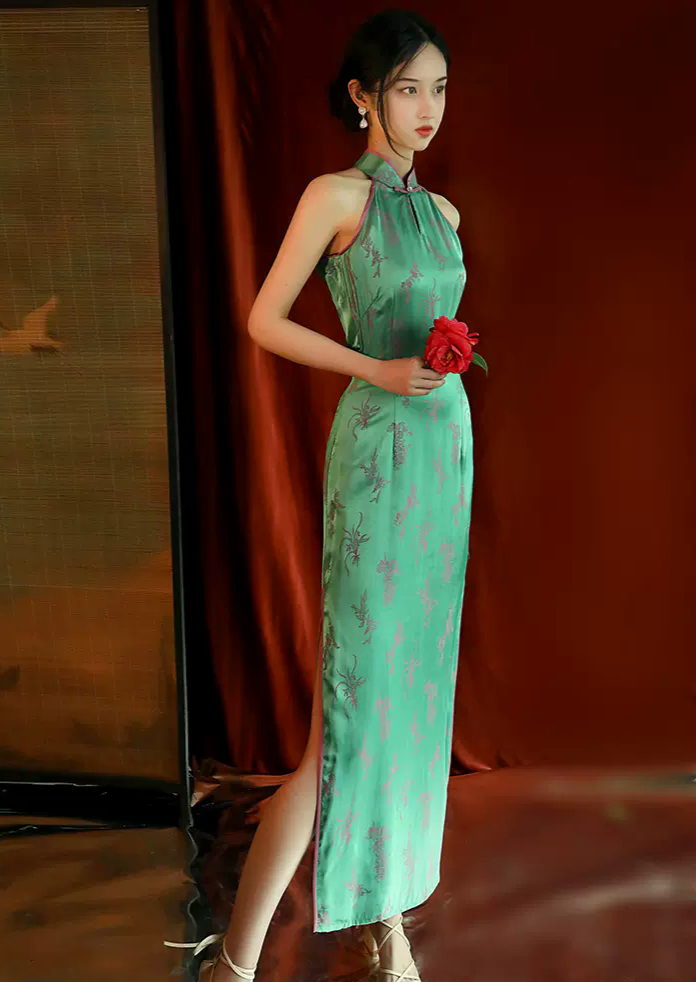 satin qipao dress Green Satin Qipao Dress, Long Floral Cheongsam, Ivy