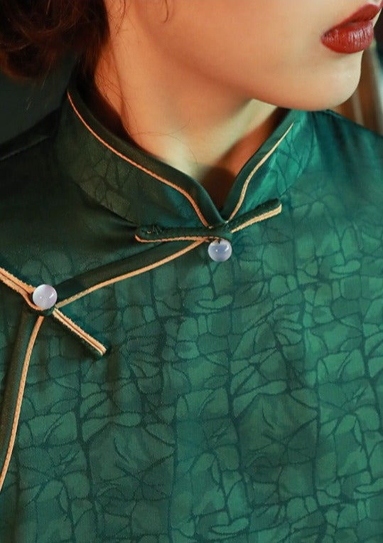 2026 Summer Green Jacquard Cheongsam Qi Pao Dress - IMALLURE S 2026 Summer Green Jacquard Cheongsam Qi Pao Dress - IMALLURE S