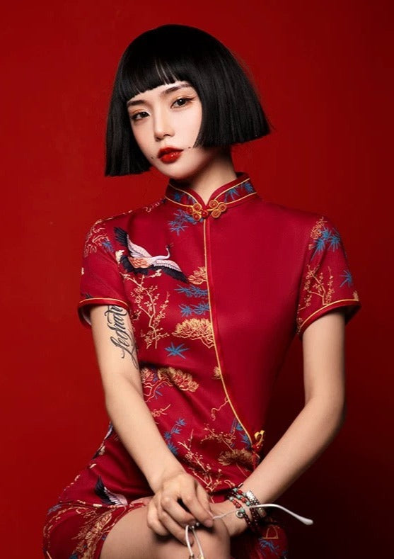 Maple Crane | Printed Mini Qipao Dress (枫鹤)