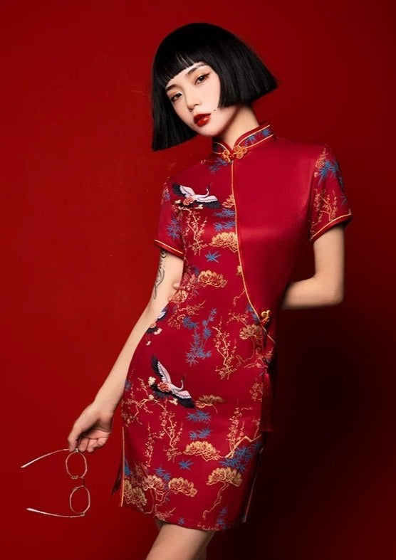 Maple Crane | Printed Mini Qipao Dress (枫鹤)