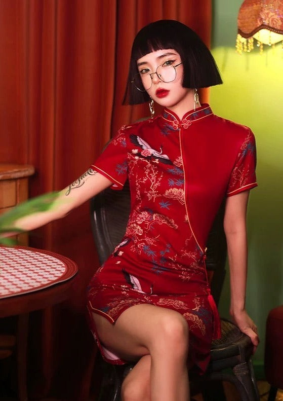 Maple Crane | Printed Mini Qipao Dress (枫鹤)