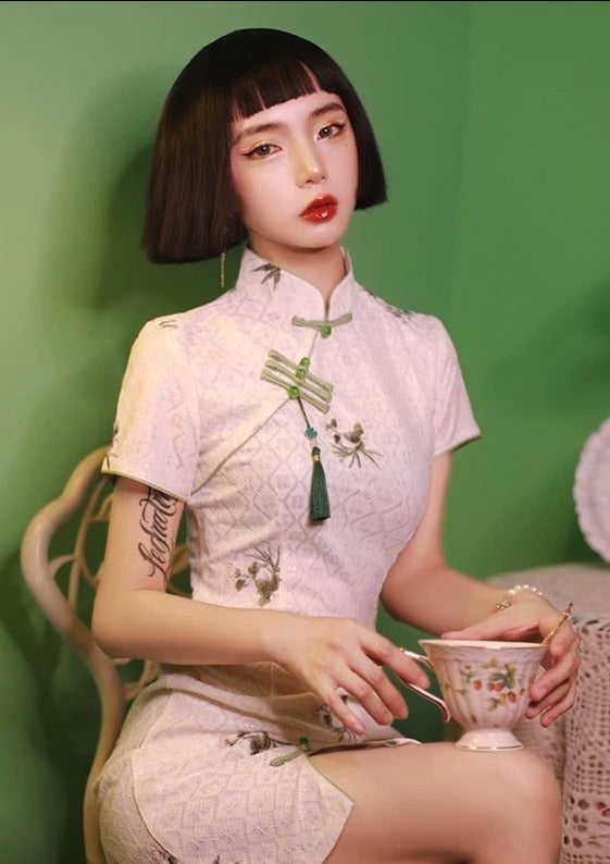 Maple | Embroidered Mini Qipao Dress (白枫)