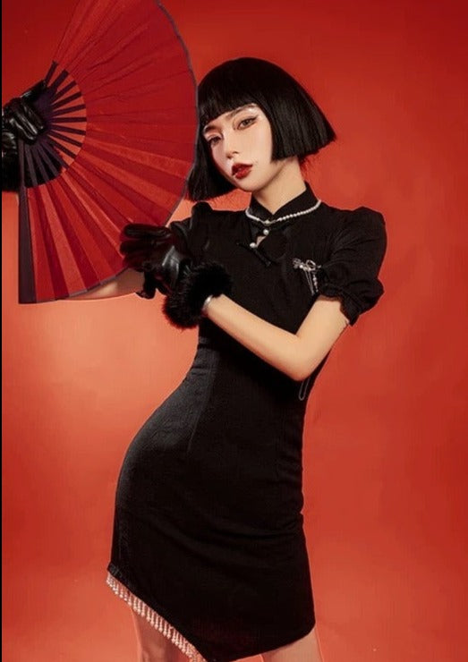 Black Widow | Mini Pearls Qipao Dress (黑寡妇)