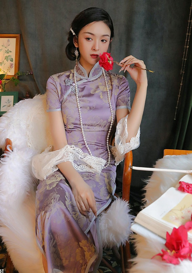 Purple Peony | Printed Satin Qipao (紫牡丹)