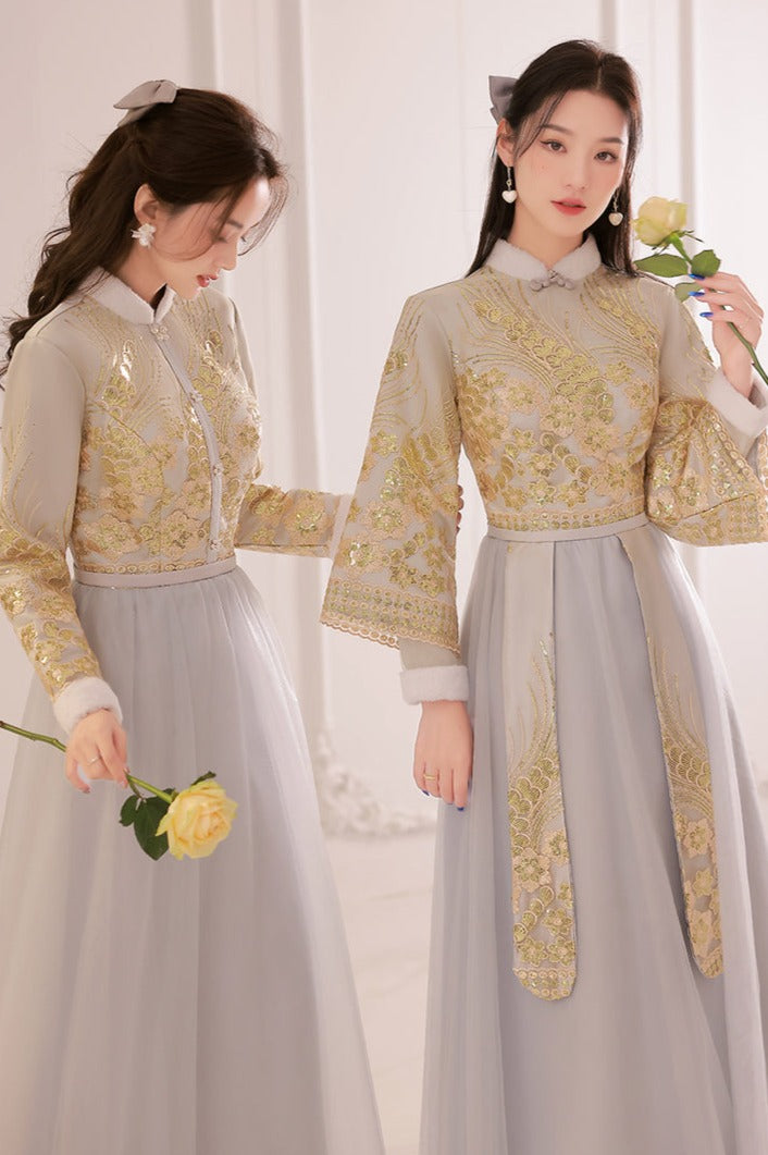 Bridesmaids Gray Chinese Style Dress (BM07) L / Two Layers / Gray Bridesmaids Gray Chinese Style Dress (BM07) L / Two Layers / Gray