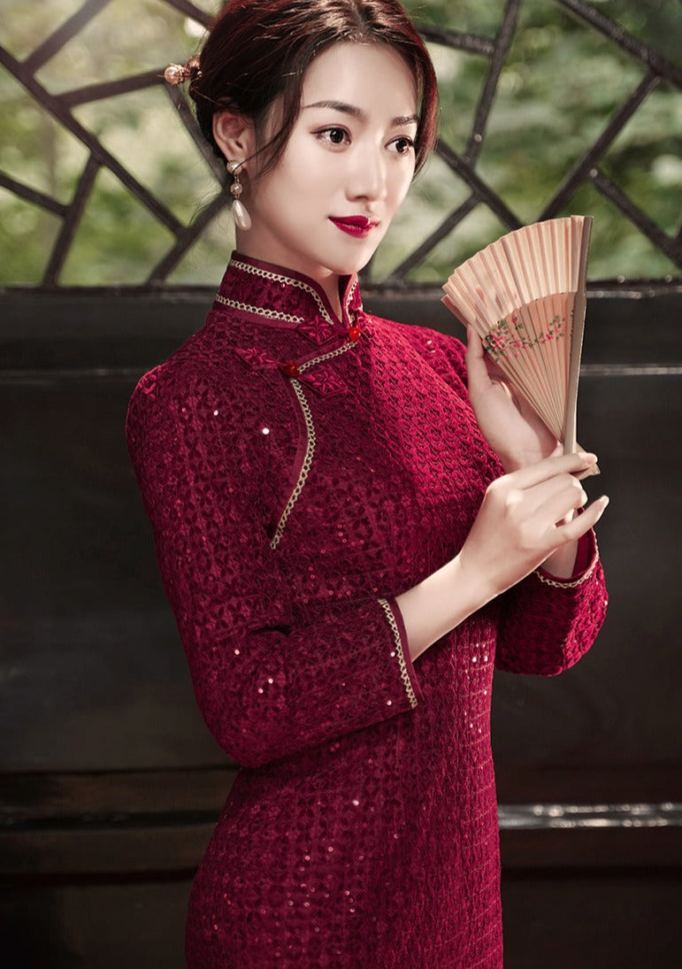 Wine Red Premium Sequin Qipao (红妆)