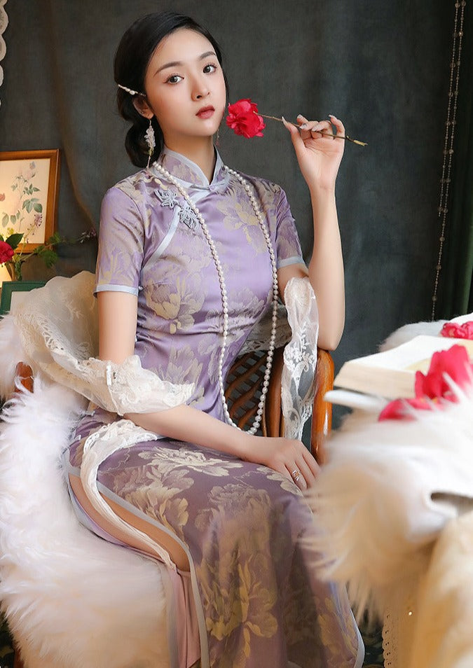 Purple Peony | Printed Satin Qipao (紫牡丹)