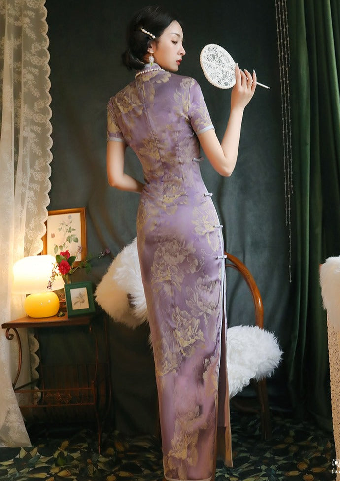 Purple Peony | Printed Satin Qipao (紫牡丹)