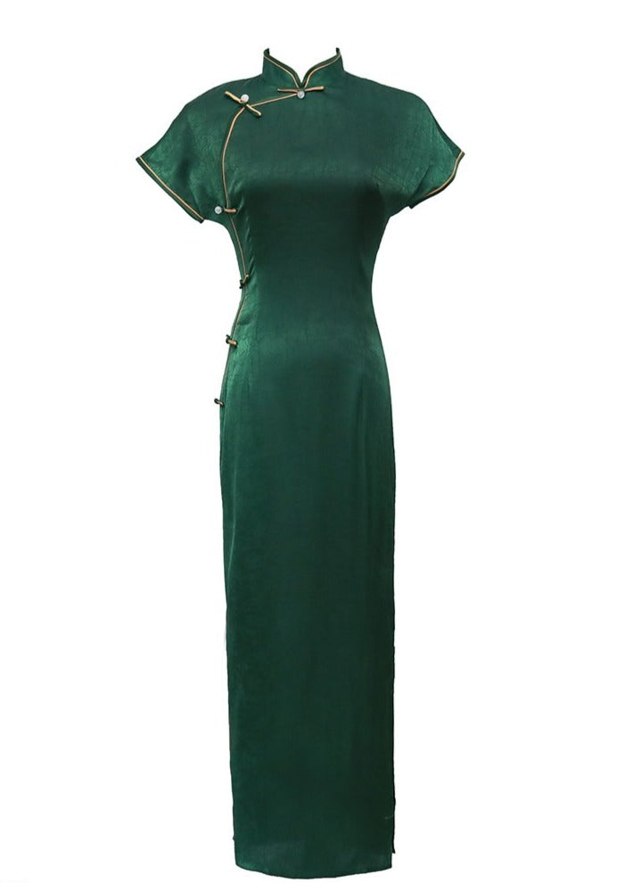 2026 Summer Green Jacquard Cheongsam Qi Pao Dress - IMALLURE S 2026 Summer Green Jacquard Cheongsam Qi Pao Dress - IMALLURE S
