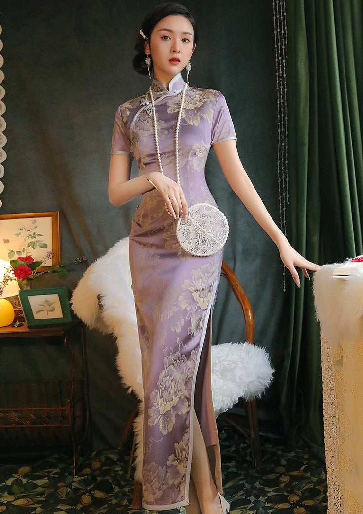 Purple Peony | Printed Satin Qipao (紫牡丹)