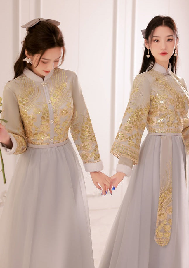 Bridesmaids Gray Chinese Style Dress (BM07) S / Two Layers / Gray Bridesmaids Gray Chinese Style Dress (BM07) S / Two Layers / Gray
