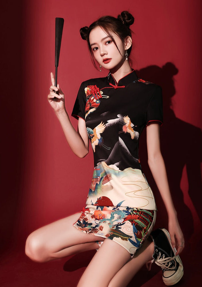 Lotus Crane | Mini Qipao Dress (红鹤)