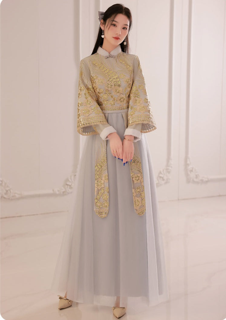 Bridesmaids Gray Chinese Style Dress (BM07) S / Two Layers / Gray Bridesmaids Gray Chinese Style Dress (BM07) S / Two Layers / Gray