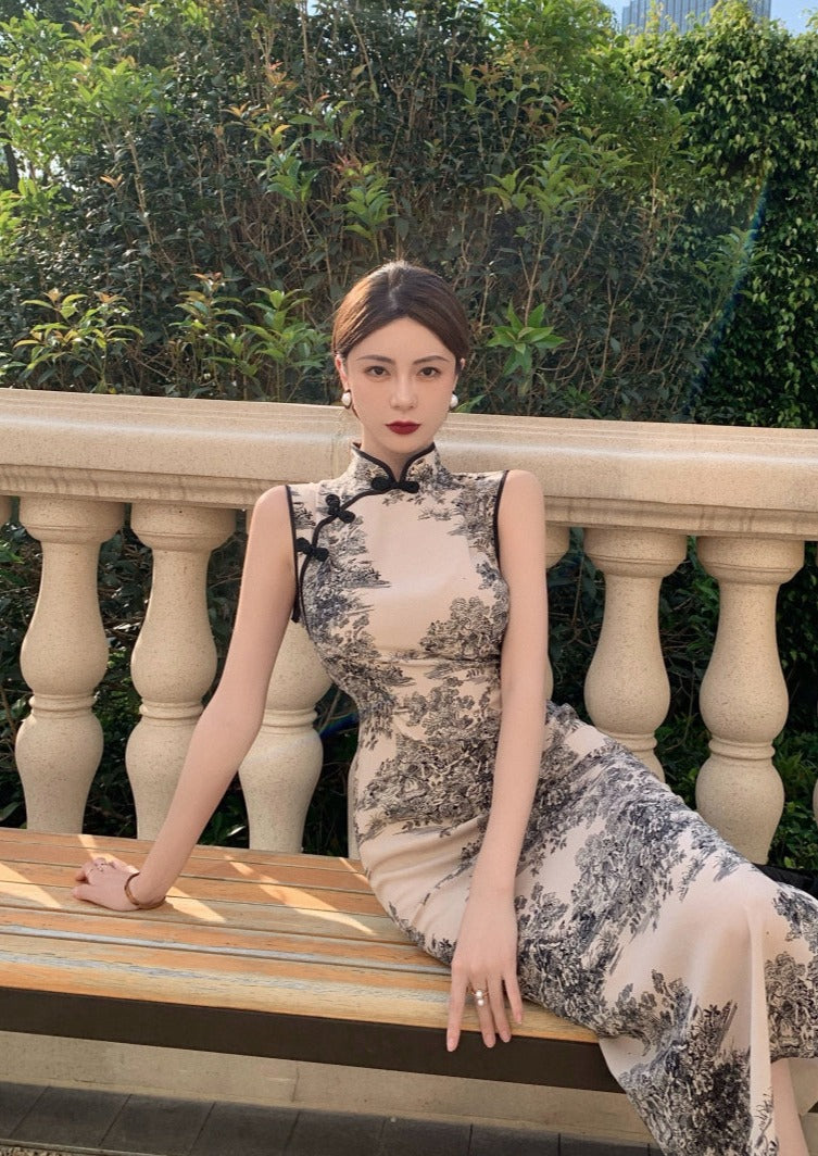 Ink Wash | Printed Beige Qipao (水墨画)