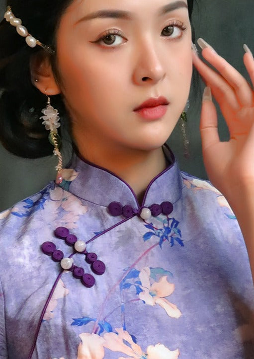 Purple Magnolia | Printed Linen Qipao (紫玉兰)