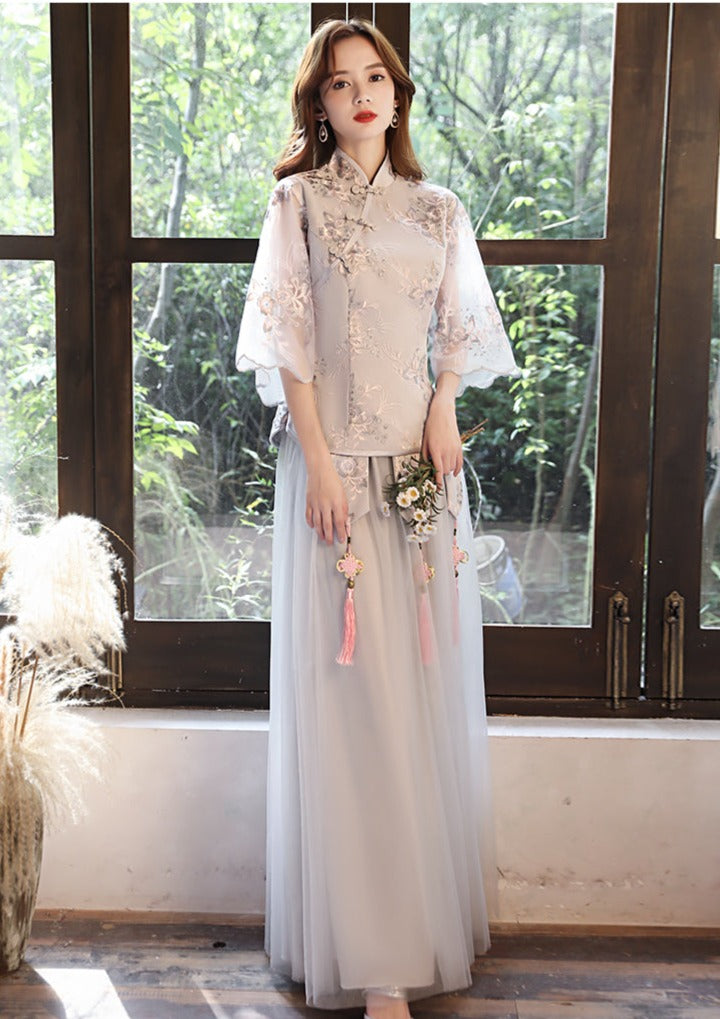 white christmas dresses Bridesmaids Gray Chinese Style Dress (BM05) L / Long Lace Sleeves / Gray white christmas dresses Bridesmaids Gray Chinese Style Dress (BM05) L / Long Lace Sleeves / Gray