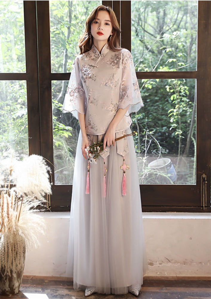 Bridesmaids Gray Chinese Style Dress (BM05) L / Long Lace Sleeves / Gray Bridesmaids Gray Chinese Style Dress (BM05) L / Long Lace Sleeves / Gray