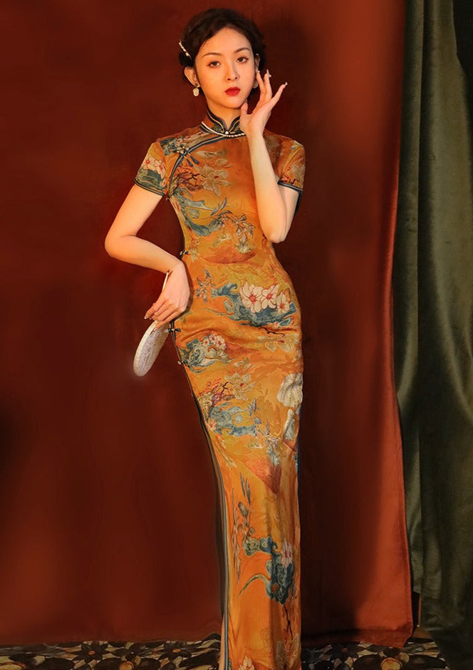 Royal Gardenia | Printed Yellow Qipao (御花园)