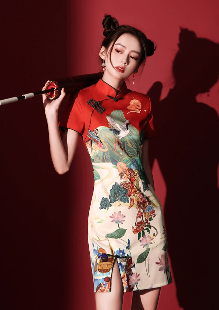 Lotus Crane | Mini Qipao Dress (黑鹤)