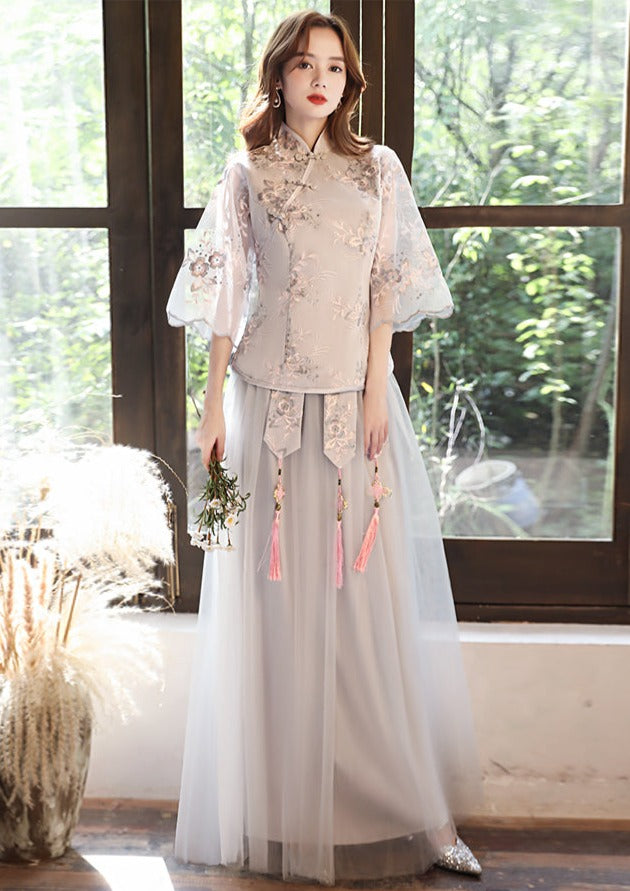 Bridesmaids Gray Chinese Style Dress (BM05) L / Long Lace Sleeves / Gray